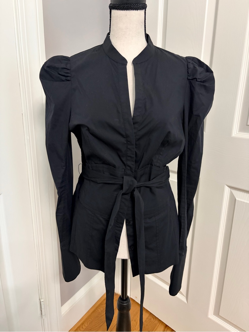 Karen Millen Black Puff Sleeve Tie-Waist Blouse